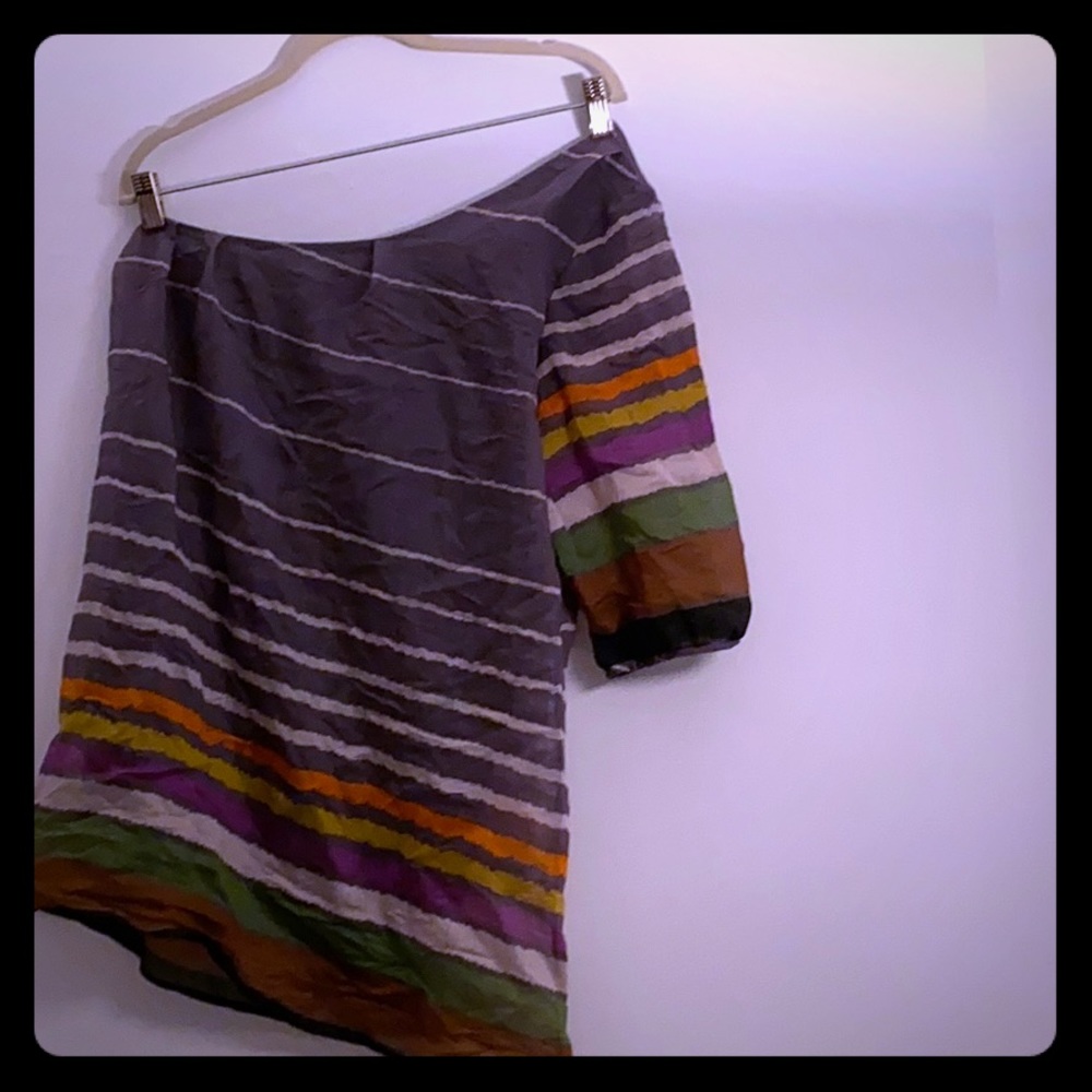 Grey, multicolor, one shoulder dress.